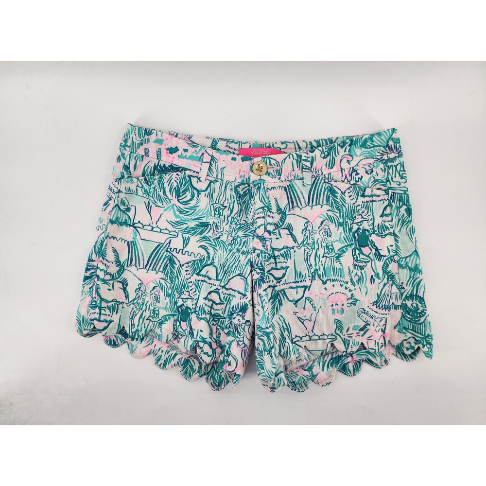 Lilly Pulitzer Buttercup Scallop Hem Shorts Green Pink Floral Size 00 Preppy - Picture 1 of 9